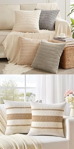 Fancy Homi 6 Packs Neutral Decorative Throw Pillow Covers 18x18 Inch for Living Room Couch Bed Sofa, Rustic Farmhouse Boho Neutral Home Decor, Soft Plush Striped Corduroy Square Cushion Case 45x45 cm
