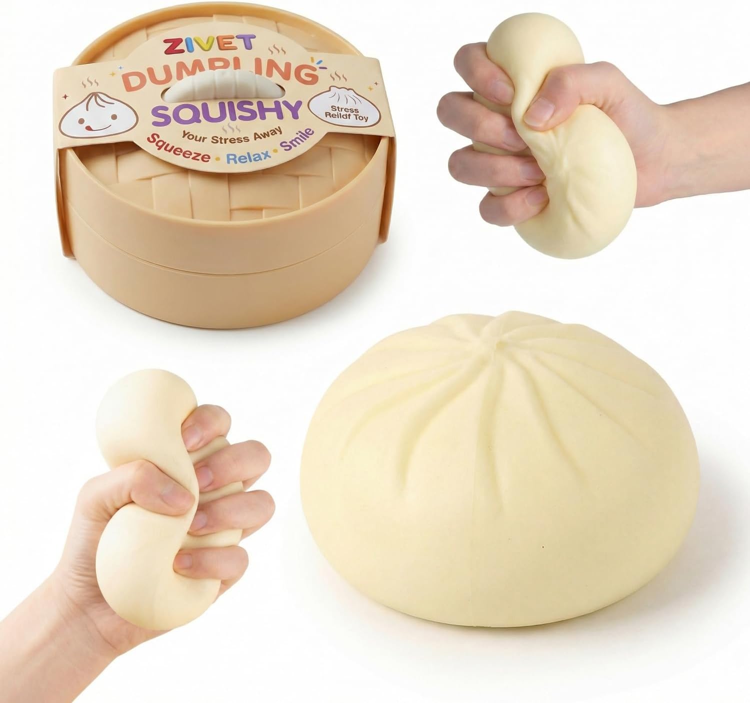 Dumpling Squishy Stress Relief Fidget Toy with Steamer Realistic Steamed Bun Sensory Squeeze, Cute Squishy Dumpling Desk Decor for Adults & Teens, Easter Gifts, Christmas & Birthday Gift (White)