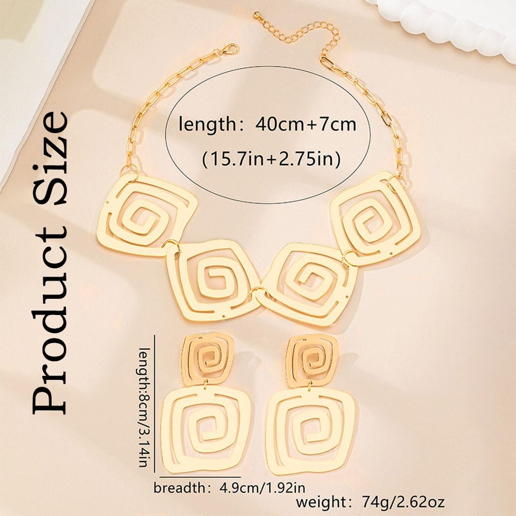 Gold Geometric Necklace and Earrings Set African Statement Necklace Vintage Chunky Choker Earring Jewelry Set for Women - Image 6
