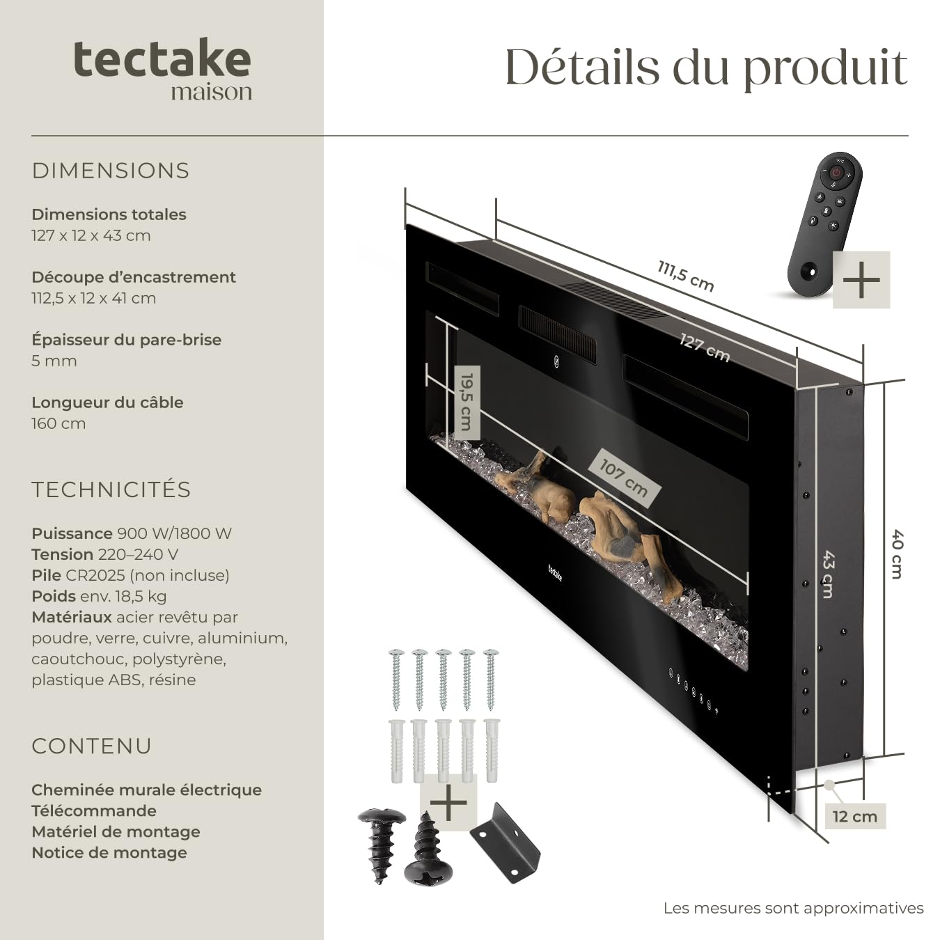 tectake® Cheminée électrique Murale 127 x 12 x 43 cm, 2 Niveaux de Chauffage 900 et 1800W, Cheminee Electrique Effet Flamme 3D, Télécommande, Application Mobile, Panneau Tactile, Cheminée Electrique