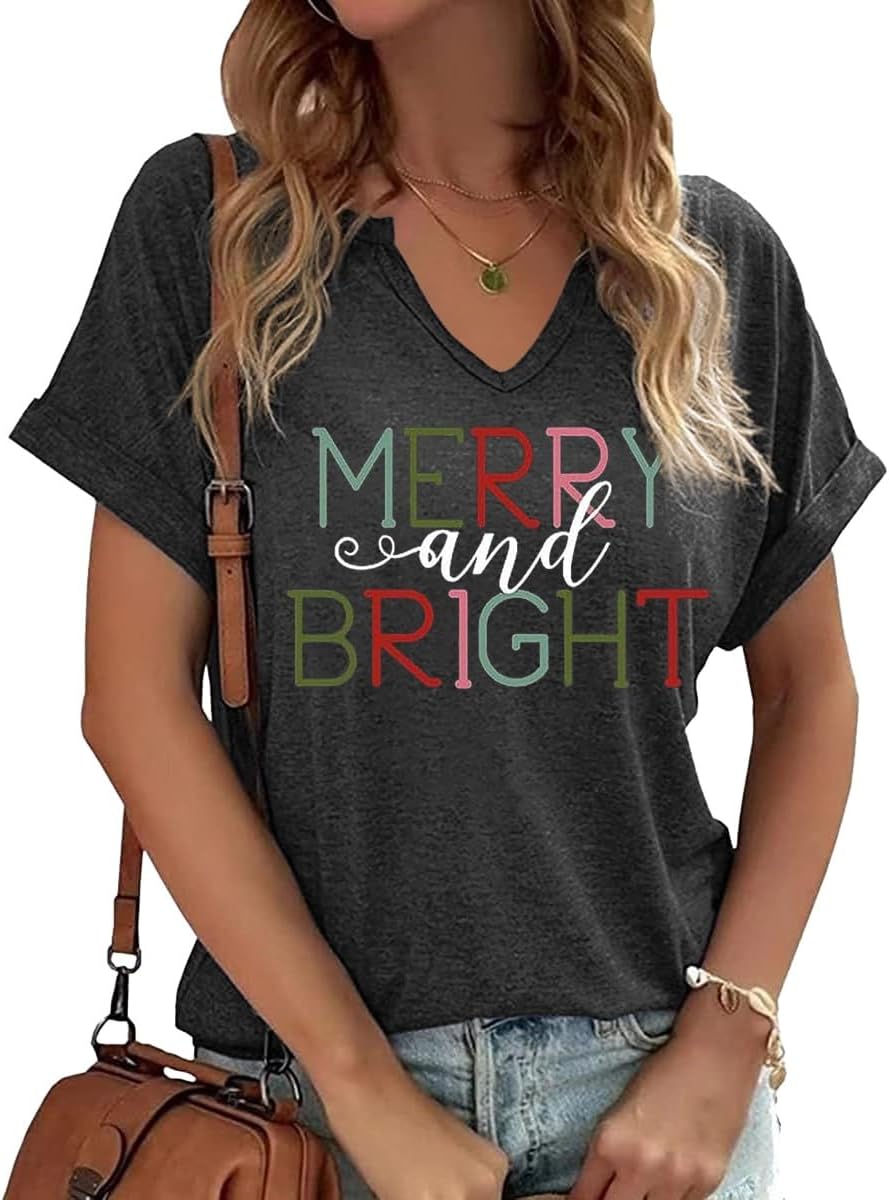 Earlymemb Womens Christmas V Neck Shirt Funny Xmas Holiday Graphic Short Sleeve Tee Family Holiday T-Shirt Blouse