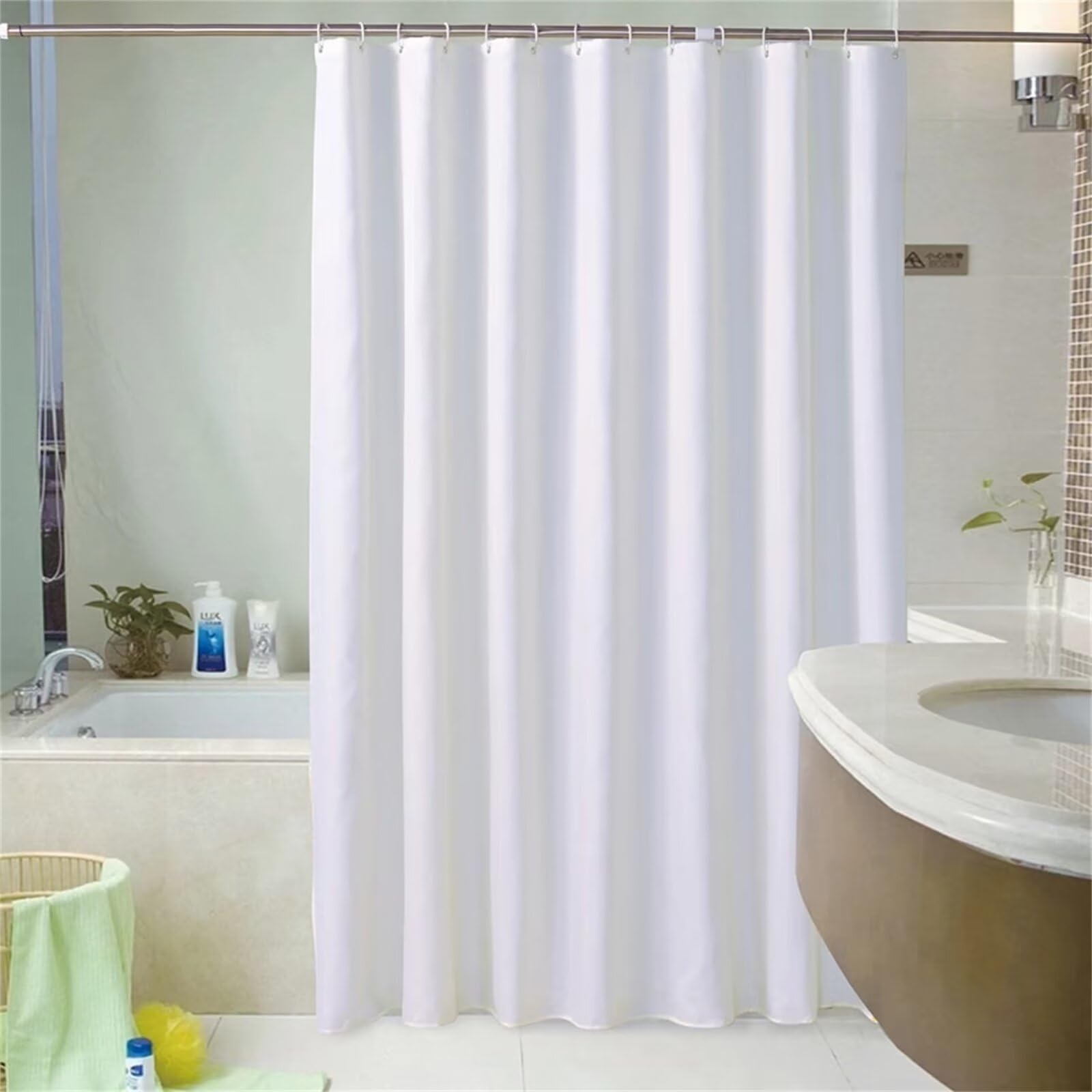 Cortina de ducha impermeable blanca de 90 x 190 cm, poliéster, lavable, con 12 ganchos y dobladillo pesado, ideal para bañera y uso al aire libre, elegante decoración de baño.