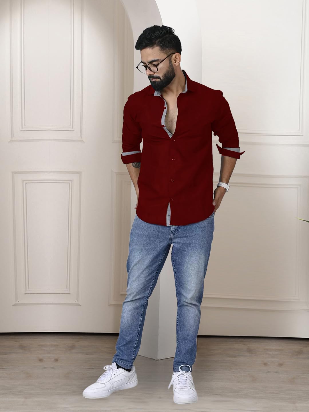 Pinkmint Camisa para hombre de algodón con cuello extendido, botones, manga larga, para el hogar, regular, hogar (paquete de 1), color morado