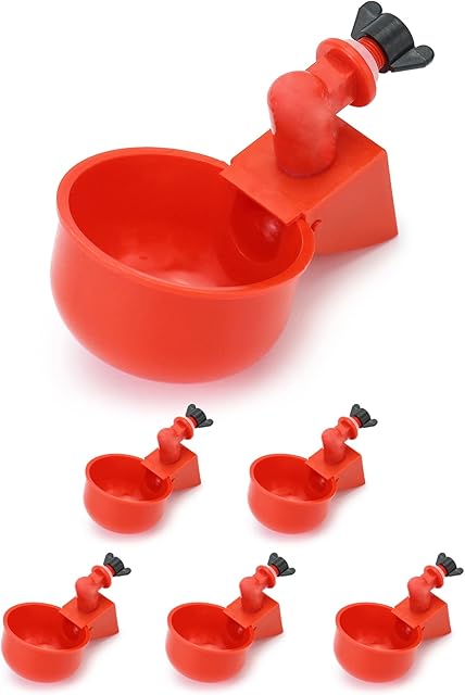 QWORK 6PCS Automatic Poultry Drinker, Red Plastic Chicken Water Dispenser for Buckets Boxes Troughs 3/8 Inch Thread