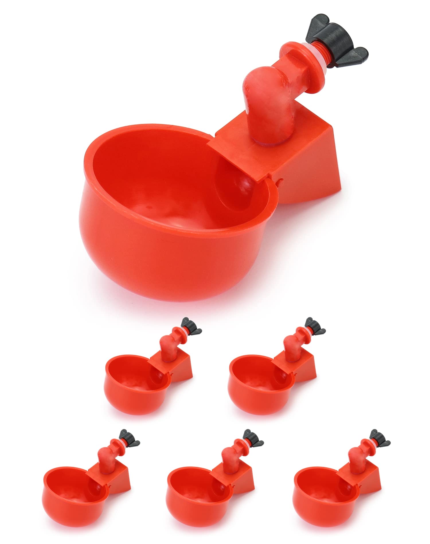 6PCS Automatic Poultry Drinker, Red Plastic Chicken Water Dispenser for Buckets Boxes Troughs 3/8 Inch Thread