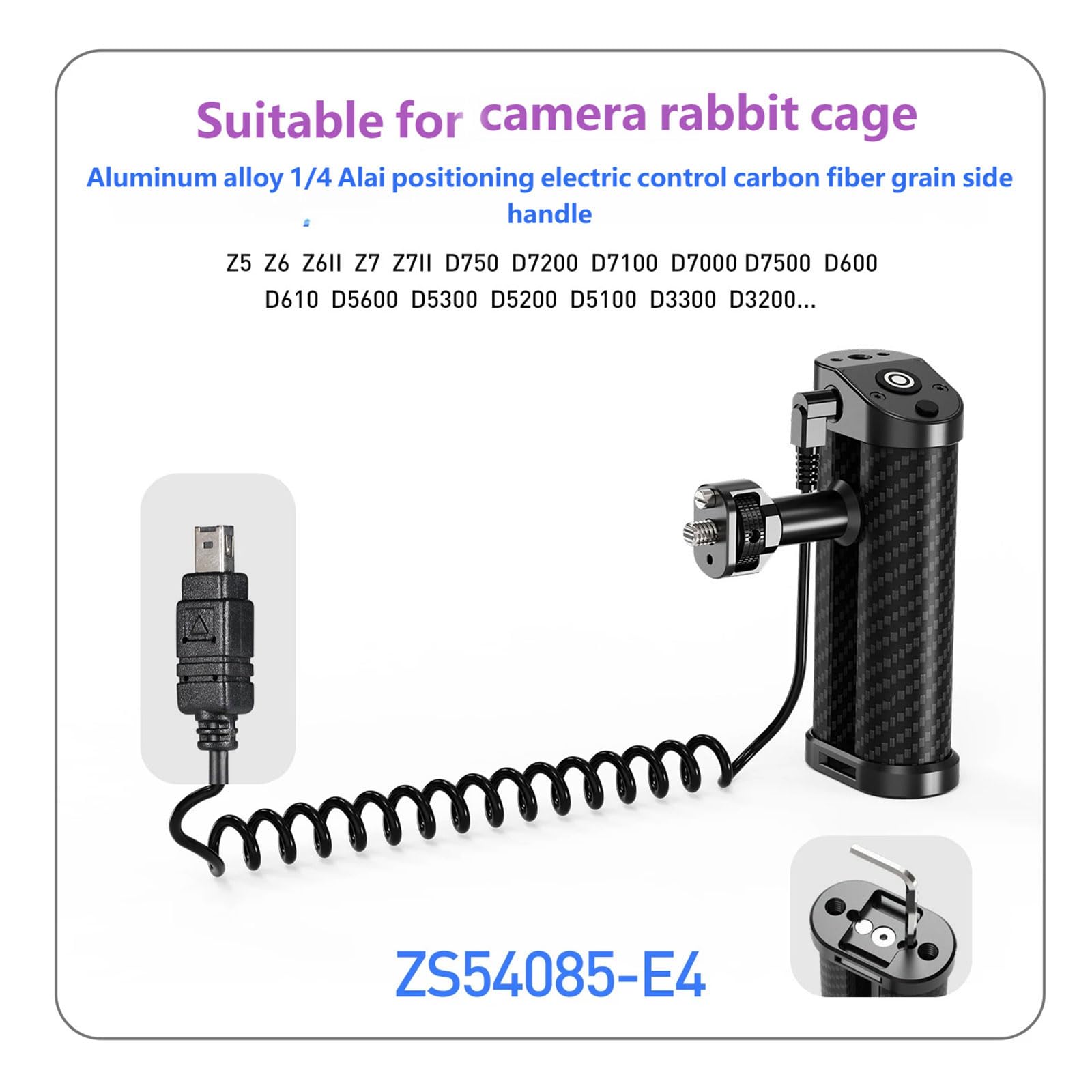 Manico laterale ergonomico DSLR, struttura in alluminio con sgancio rapido e cavo di scatto da 2,5 mm per impugnature stabili in lega di alluminio