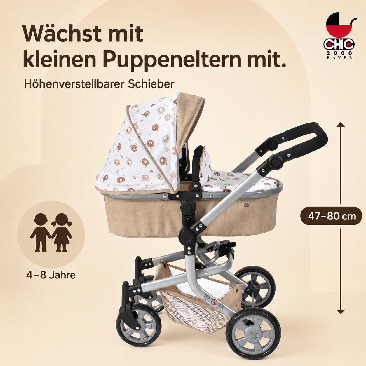 Bayer Chic 2000 Wózek dla lalek Mika, wózek 2 w 1, dla dzieci w wieku od 4 do 8 lat, wózek dla lalek do 52 cm, beżowe misie | Duży wózek dla lalek kombi 2 w 1 z regulowanym fotelem sportowym dla lalek do 52 cm. Beżowy miś, uchwyt 47-80 cm, od 3 lat