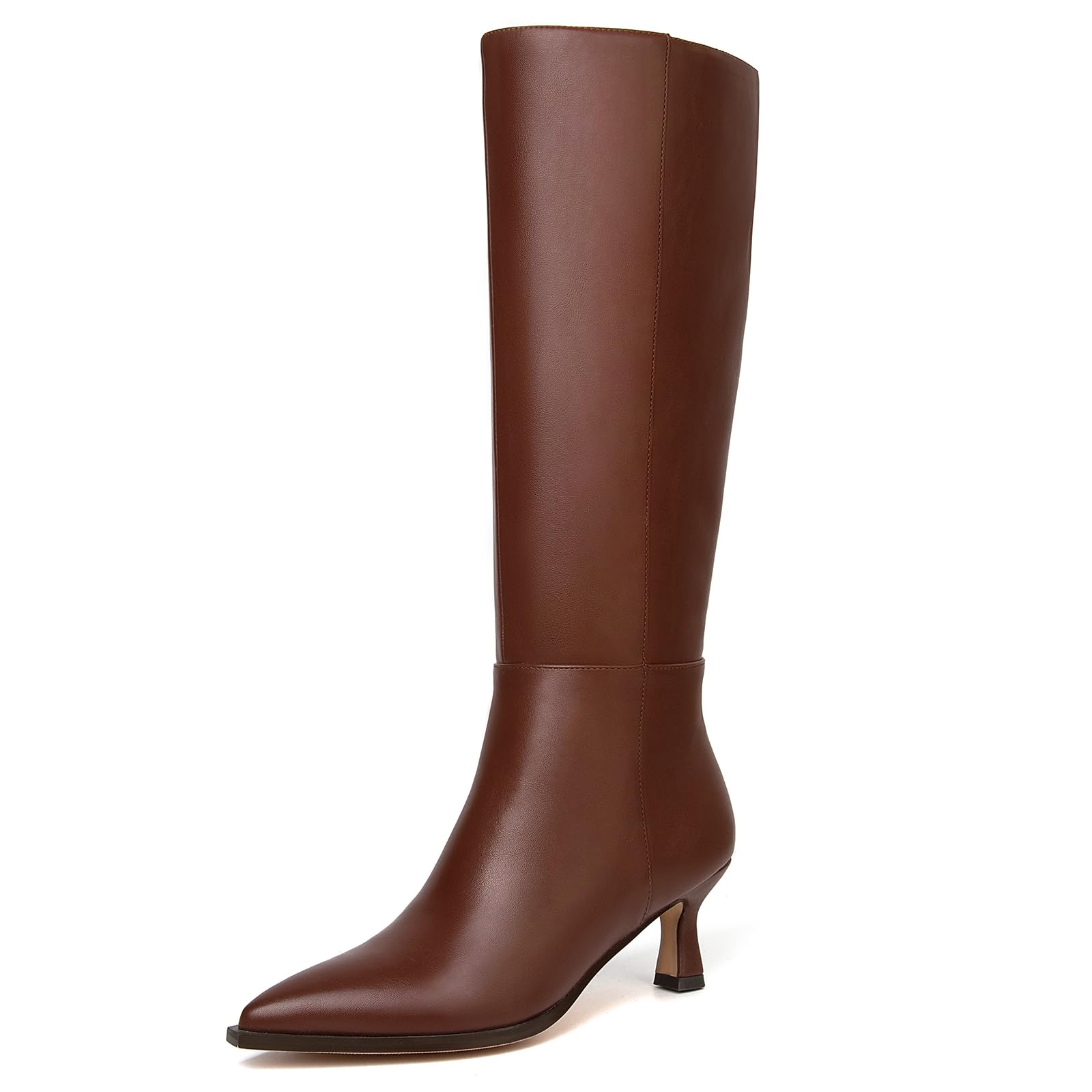 SUIARA Kitten Heel Knee High Boots Women-Pointed Toe Faux Leather Stiletto Side Zipper Long Tall Dress Boot