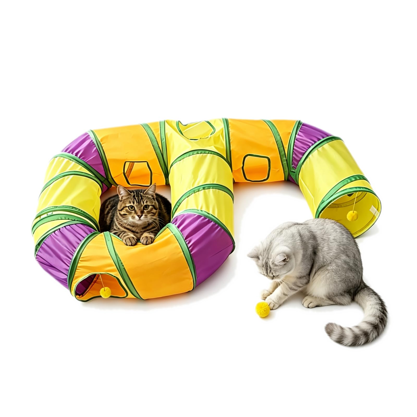 Rainbow cat tunnel, Pet Play Tunnel Tube Maze,Collapsible Pet Tube with Hanging Pom-Poms and Interactive Hole for Kittens, Rabbits & Small Pets