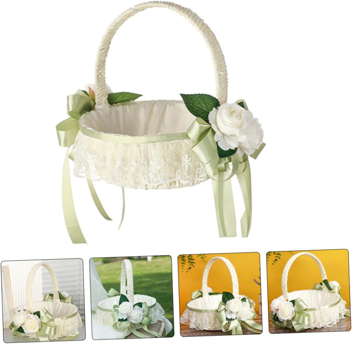 Wedding Flower Girl Basket with Handle Small Lace Handheld Flower Basket for Wedding Party Decoration Outdoor Indoor Ceremony Supplies