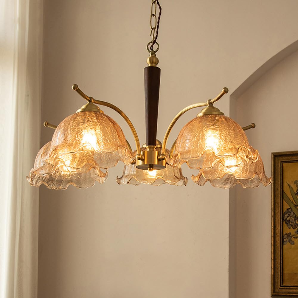 GGBBJJ 3/5 Lights Farmhouse Wood Chandelier Amber Glass Antique Vintage Ceiling Pendant Light Gold Flower Shade Round Rustic Hanging Chandelier for Dining Room Living Room Foyer Bedroom