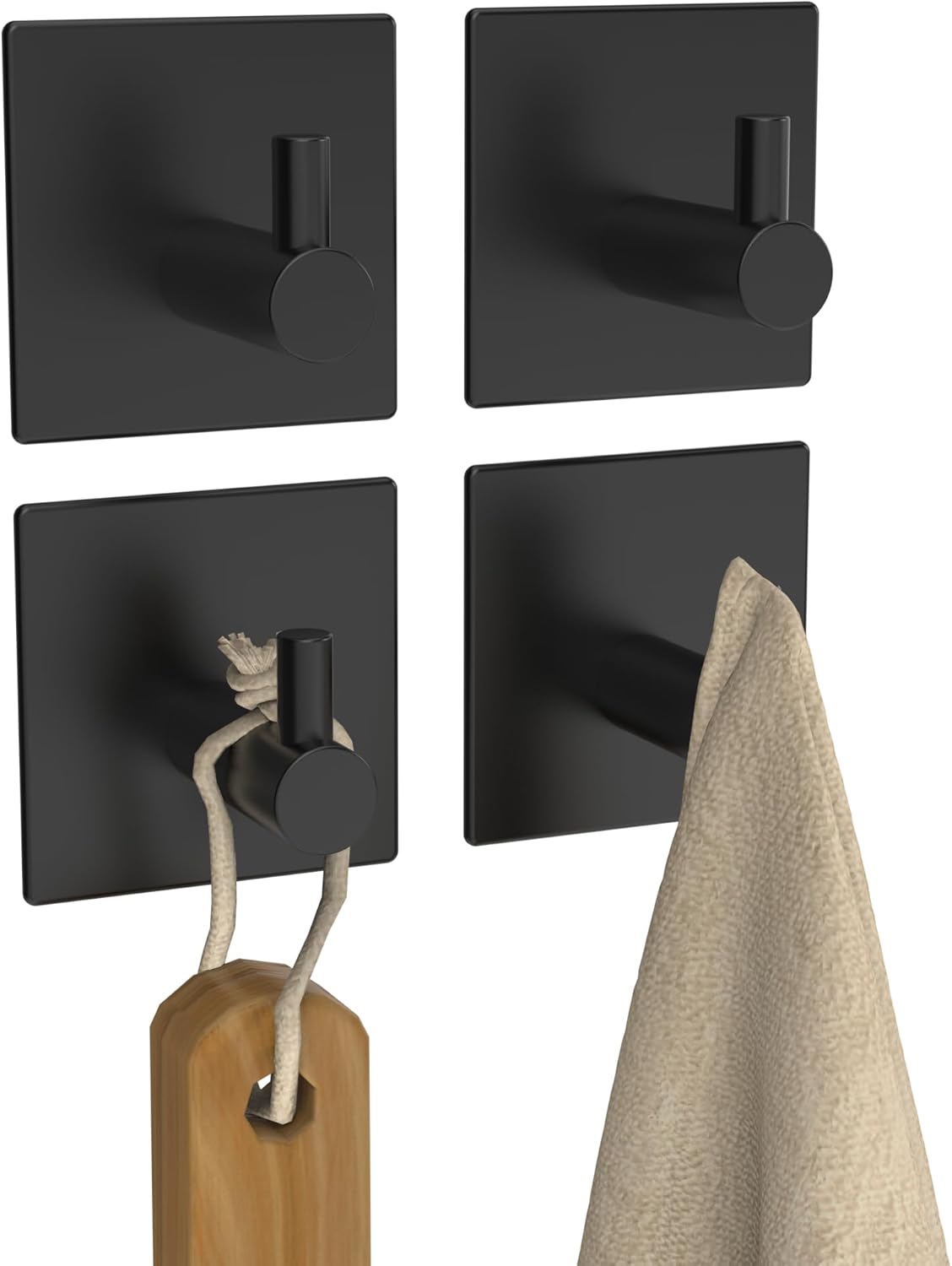 Towel Hooks Adhesive, 4 Pack Black Wall Hooks Robe Hooks, Heavy Duty Coat Hook SUS304 Stainless Steel Stick on Bathroom or Kitchen (Matte Black) (Matte Black, Square) Thumbnail