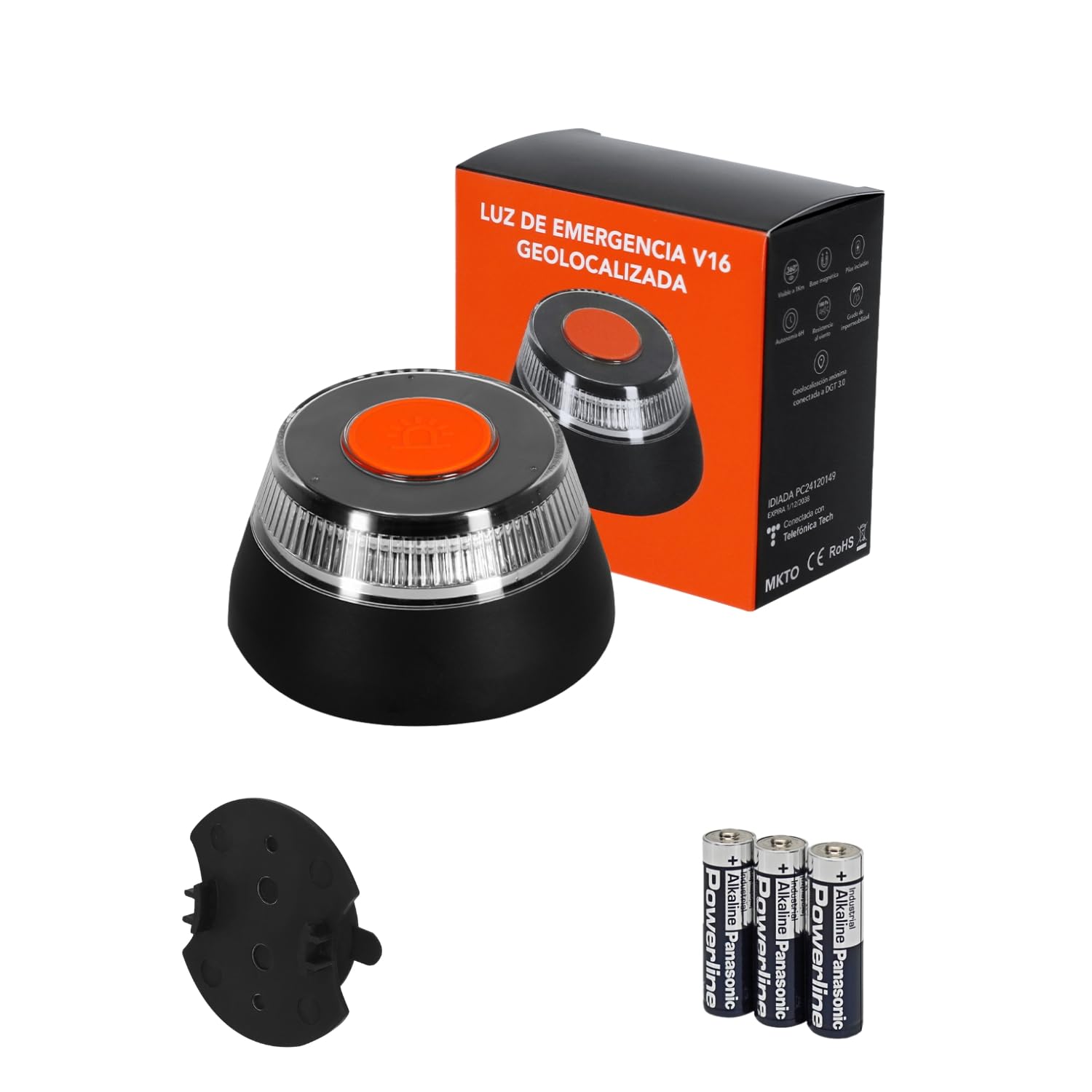 PROMO SHOP - Baliza V16 Homologada y Geolocalizada DGT 3.0, Incluye Ventosa Soporte, Luz de Emergencia Coche, SIM con Datos Incluidos hasta 12/2038, LED 360º 1km, Resistencia al Viento 180pa