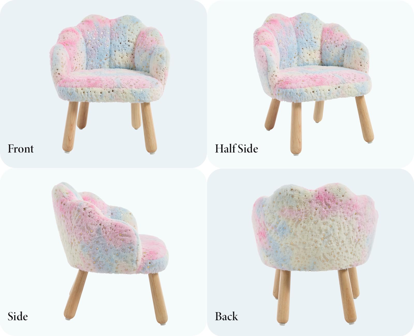 Petite Chaise Enfant Fausse Fourrure Fauteuil Fille Dossier Pétale Tabouret Pieds Bois Coloré