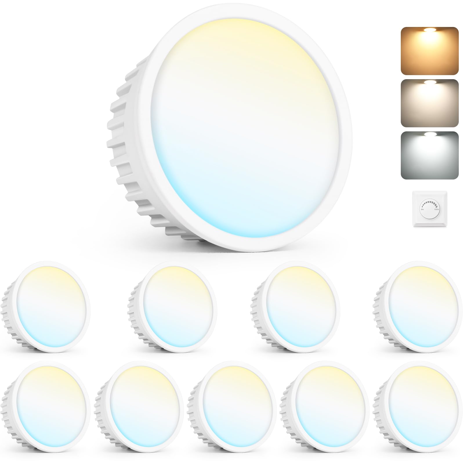 YindaLux Lot de 10 Modules LED 230V Dimmables, Extra Plats Ø50x23mm, 5W 500LM IP44, Angle 120°, Remplacement GU10/MR16, 3 Couleurs 2700K/4000K/6500K, pour Spot Encastrable