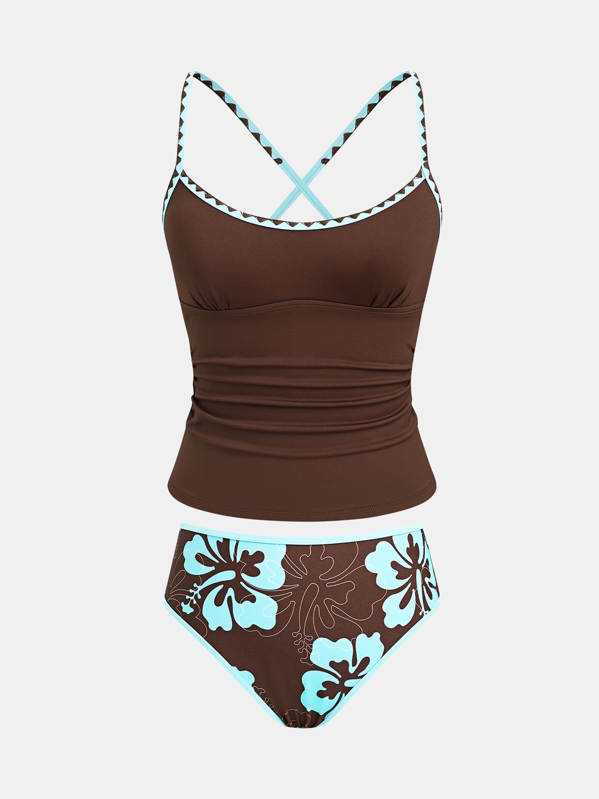 CUPSHE Tankini pour femme - Maillot de bain deux pièces - Contrôle du ventre - Taille mi-haute - Dos croisé - Coutures nouées