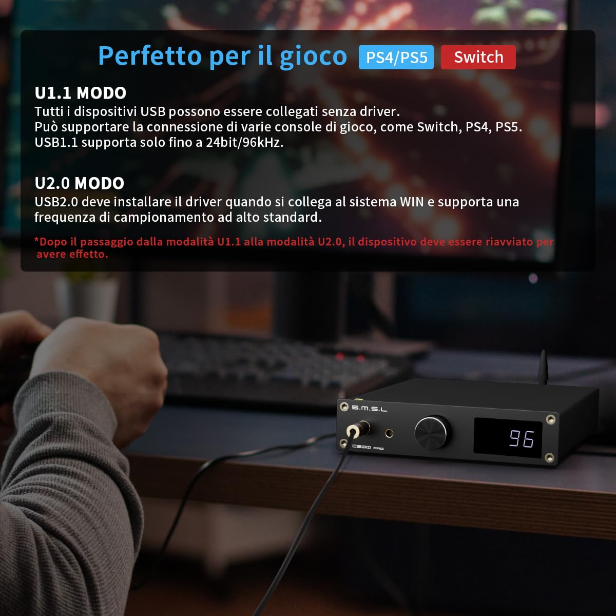 SMSL C200 PRO Amplificatore per cuffie da gioco| ES9039Q2M XU-316 DSD512 32Bit/768kHz Convertitore audio digitale|USB Tipo C/Ottico/Coassiale/Bluetooth a 4.4mm/6.35mm/RCA/TRS per PS5/Switch/PC/MAC