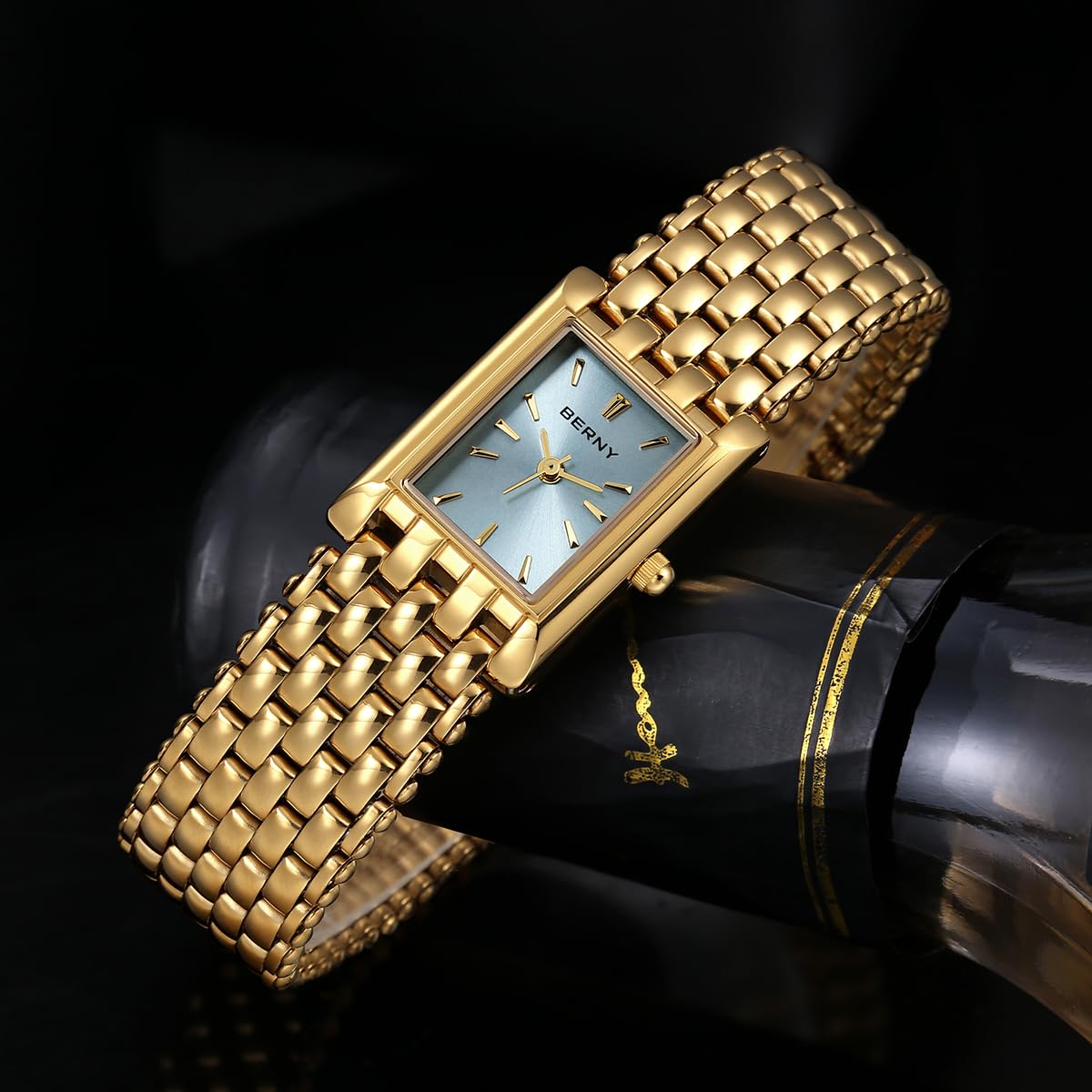 BERNY Reloj de Oro para Mujeres Reloj de Pulsera Rectangular Impermeable Reloj de Pulsera de Lujo Reloj Analógico de Cuarzo de Acero Inoxidable Dial de Rayos Solares Regalo de Cumpleaños