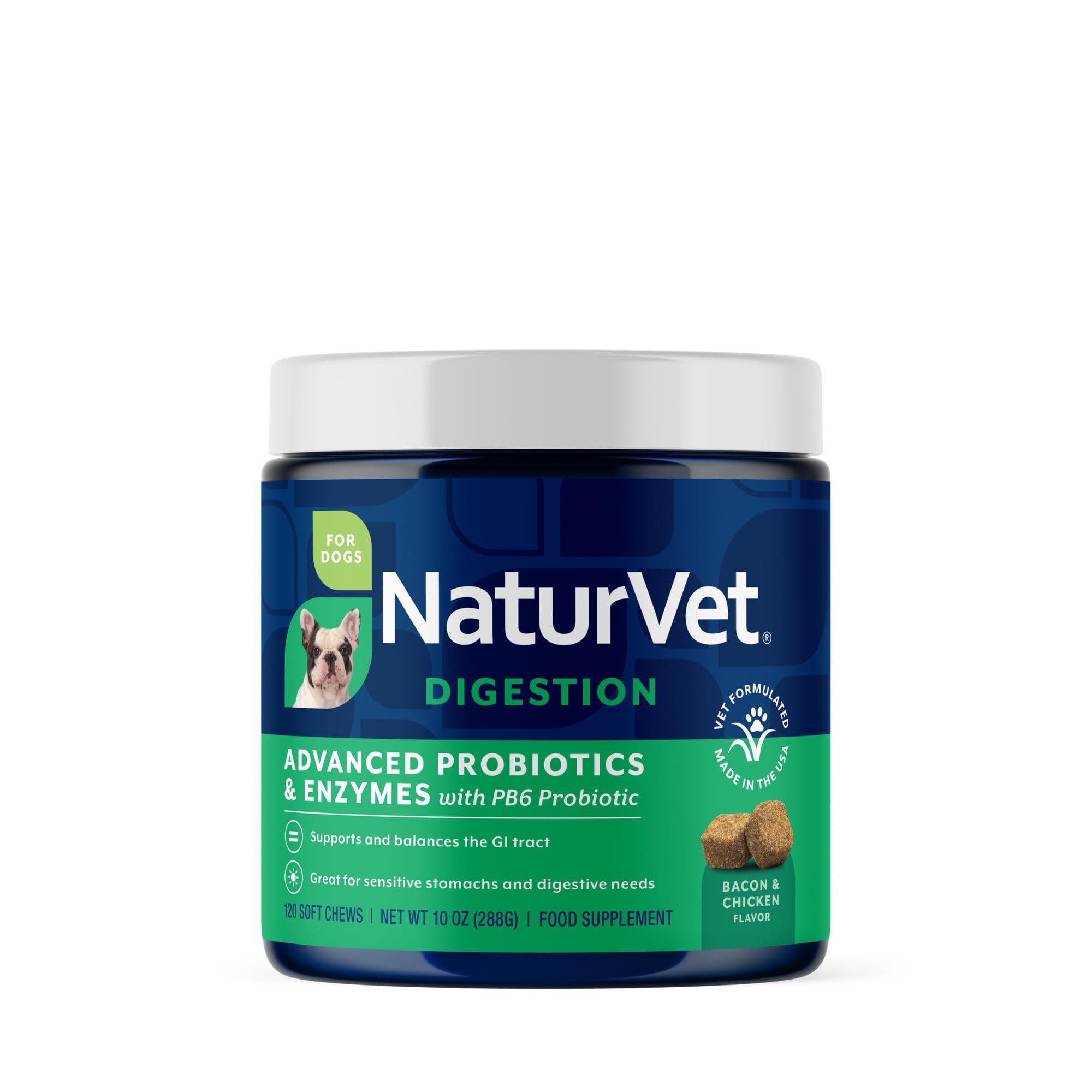 NaturVet Advanced Probiotics & Enzymes, PB6 Dog Soft Chews to Help Sensitive Stomachs and Digestive Issues, Hickory Smoked Bacon Flavored Pet Supplement for Dogs Over 6 Weeks, 120 Count Jar