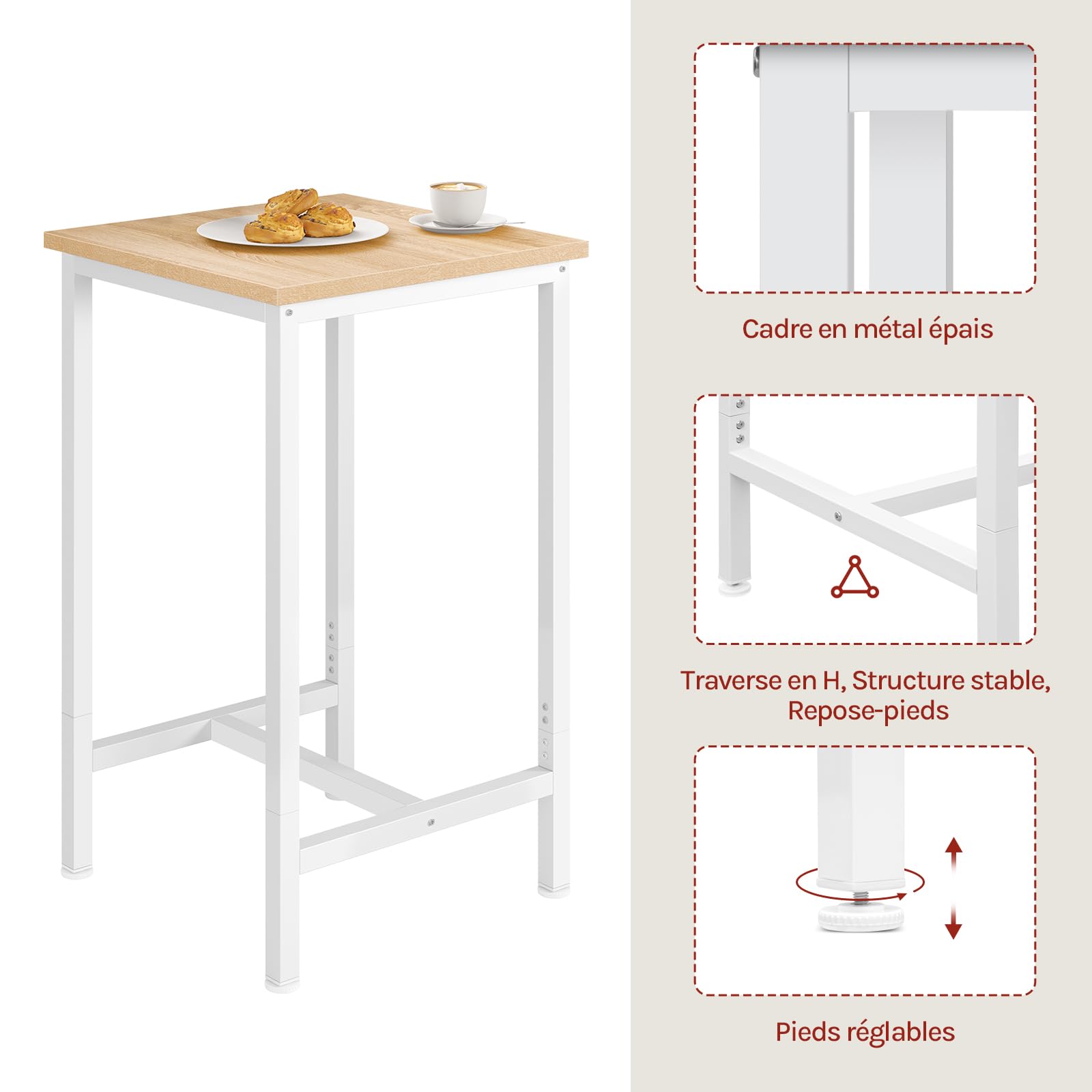 WOLTU Petit Table de Bar 60x100x60 cm, Table Haute en Métal et Bois, Mange Debout pour Cuisine, Salon, Blanc/Chêne Clair