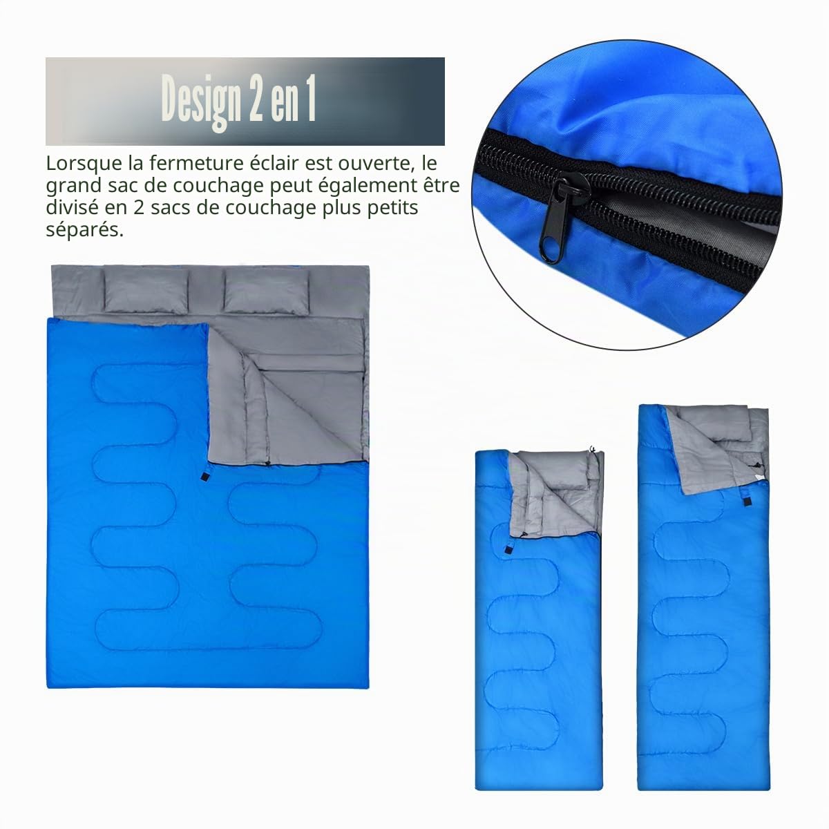 SOARS Sac de couchage double pour 2 personnes, avec 2 oreillers et sac de transport, imperméable, pour adulte, pour camping, randonnée, voyage