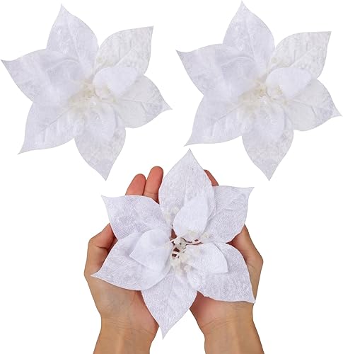 Miniatura 3 de CEWOR 12 flores de Pascua artificiales de franela para árbol de Navidad, flores con clips y tallos para bodas, fiestas, árbol de Navidad, 6.7
