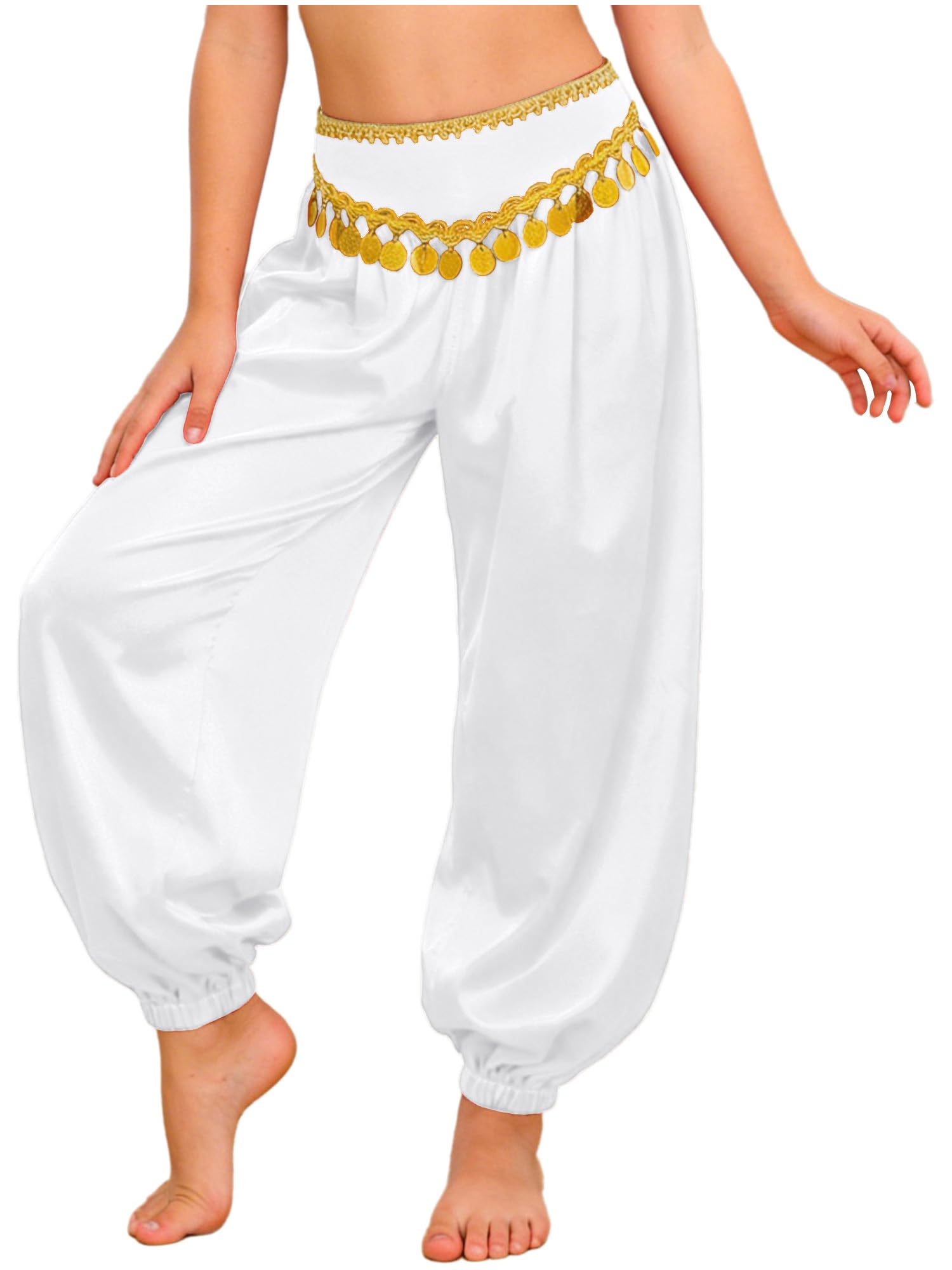 Agoky Pantalones Bombachos para Danza del Vientre Niña Pantalones De Satén Cintura Elástica De Pierna Ancha