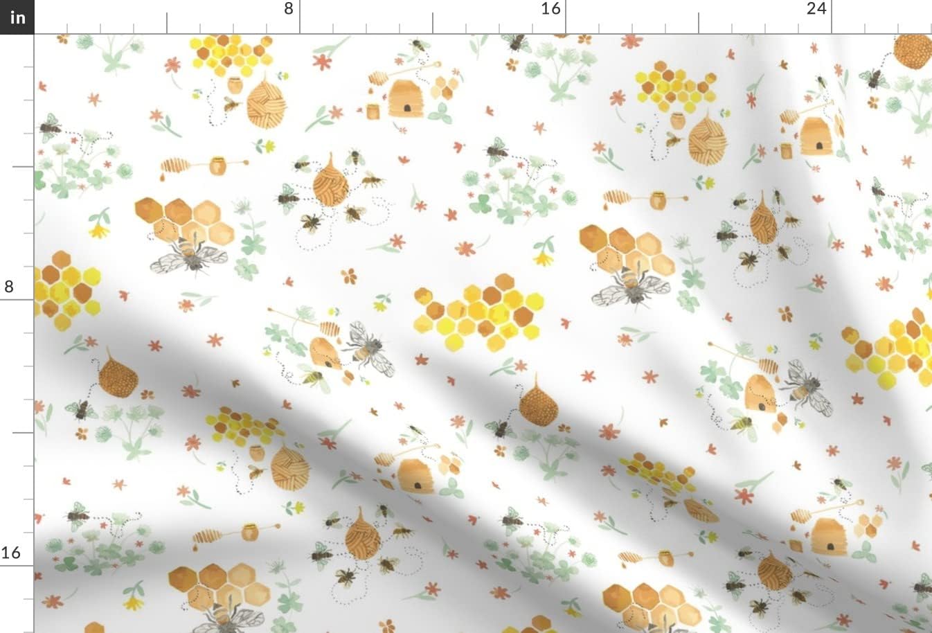 Spoonflower Fabric - Whimsical Honey Bees White Honeybee Honeycomb Watercolor Paint Printed on Upholstery Velvet Fabric Fat Quarter - Upholstery Home Decor Bottomweight Apparel