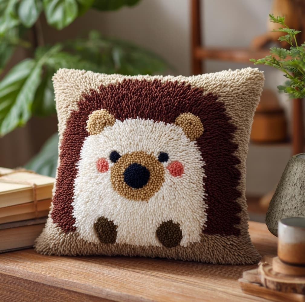 AxiangziK Latch Hook Kits for Adults,Cute Hedgehog Latch Hook Pillow Kits,17x17in Crochet Yarn Kit for Beginners,DIY Needlework Crafts Cover Case with Printed Canvas
