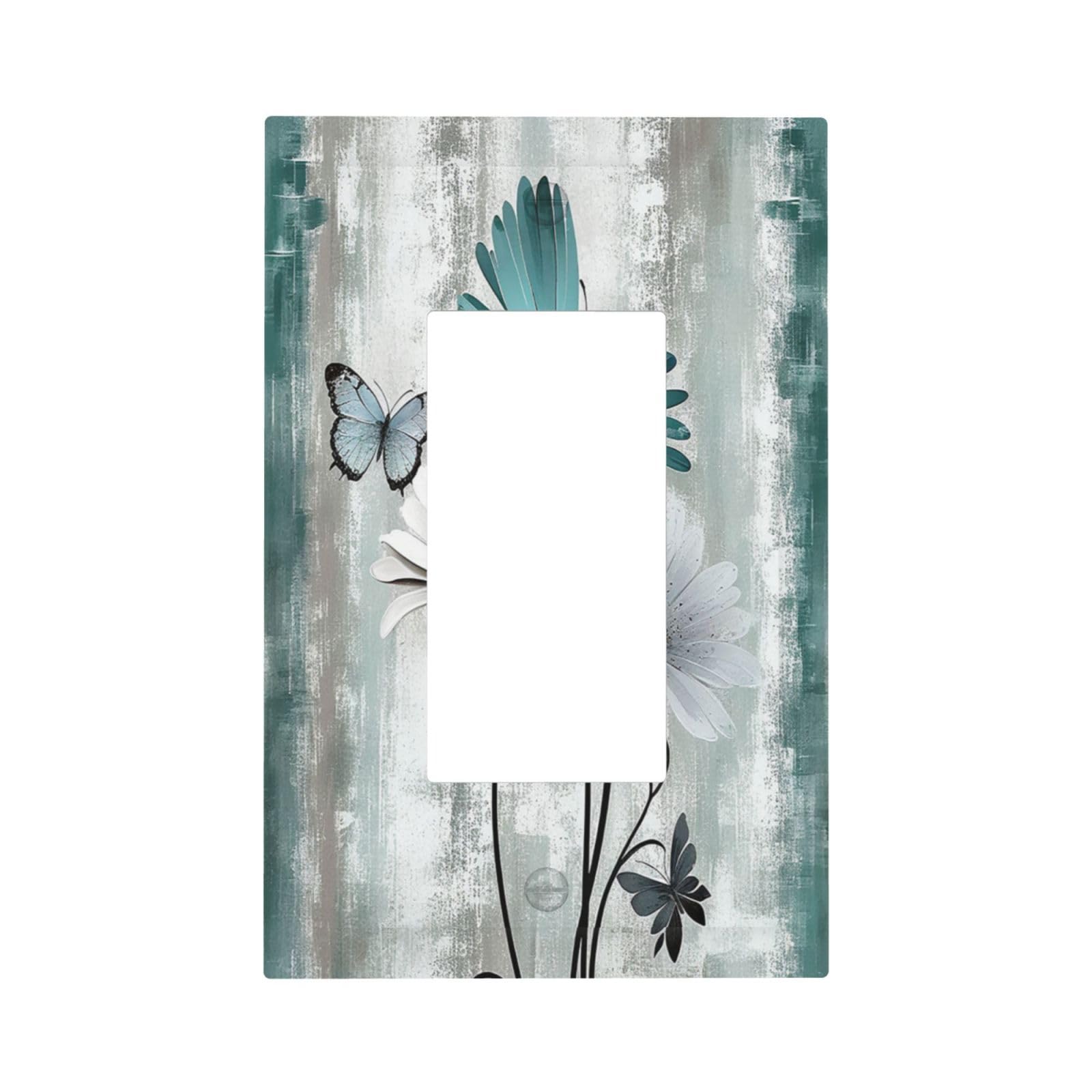 Nadoabtm Decorative Outlet Covers Rustic Teal Daisy Floral Flowers Butterfly Wood Grain 1 Gang Single Rocker Light Switch Cover Plate Wall Plates GFCI