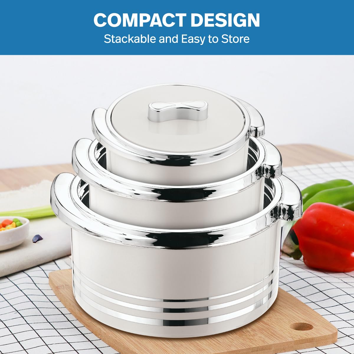 Pinnacle Casseruola isolata con coperchio, set 3 pezzi 3,7/2,6/1,5 lt. Scaldavivande termiche per zuppa/insalata, contenitore caldo in acciaio inox per le mamme