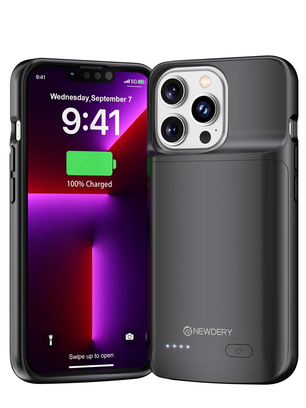 NEWDERY Battery Case for iPhone 13/13 Pro & 14/14Pro, 4800mAh Slim Portable Protective Charging Cover, Rechargeable Extended Power Charger Case for iPhone 13/13 Pro & 14/14Pro (6.1 inch) Black