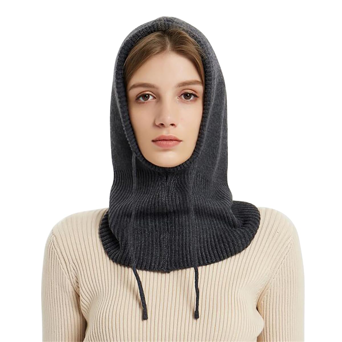Damen Winter Sturmhaube Mütze Kaschmir Kordelzug Kapuze Mütze Beanie Skull Cap Ski Halswärmer Kapuzenschal Mütze