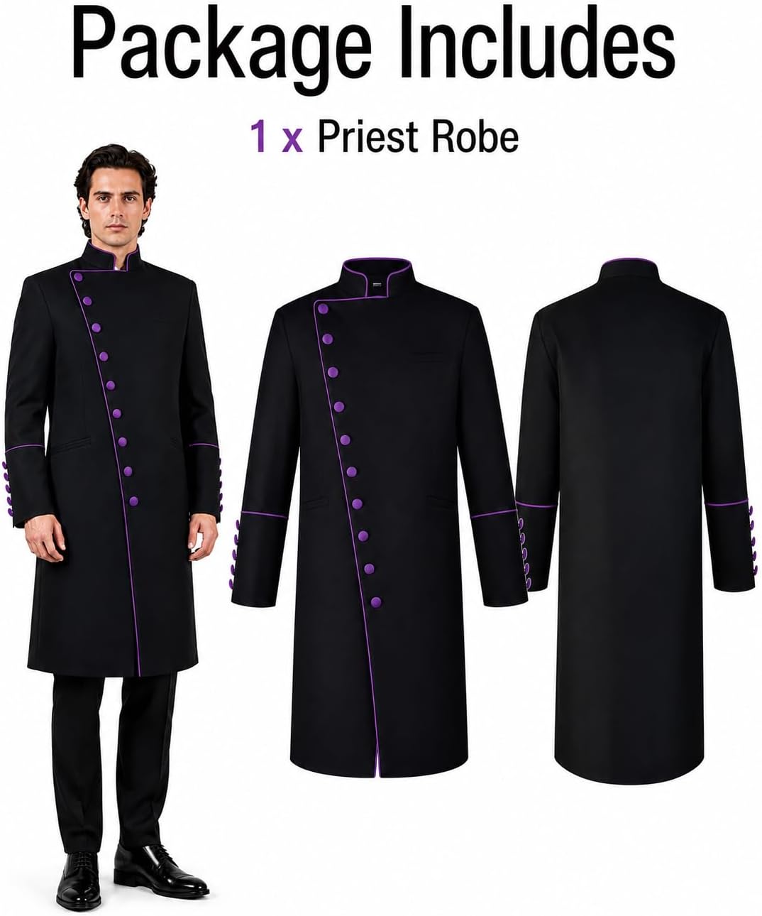 Clergy Robes for Men Stand Collar Pastor Robe Long Cassock Jacket Minister Preacher Costume Cosplay for Halloween