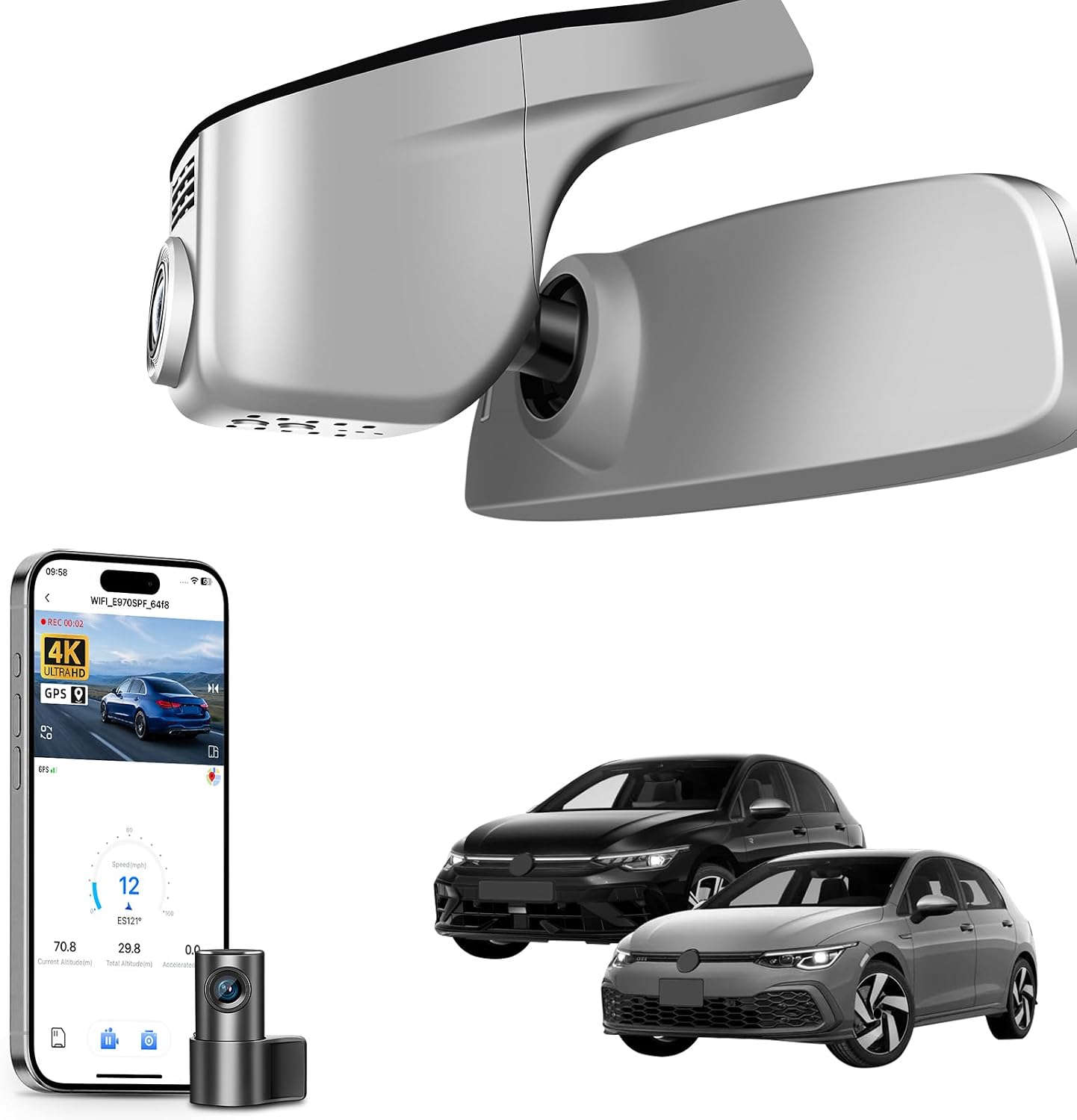 mangoal Front 4K & Rear 1080p Dash Cam for Volkswagen Golf & Golf GTI & Golf R MK 7/7.5/8 2015-2025(Model A Gray), UHD 2160P, App & WiFi, Loop Recording, Easy to Install, GPS, 128GB Card