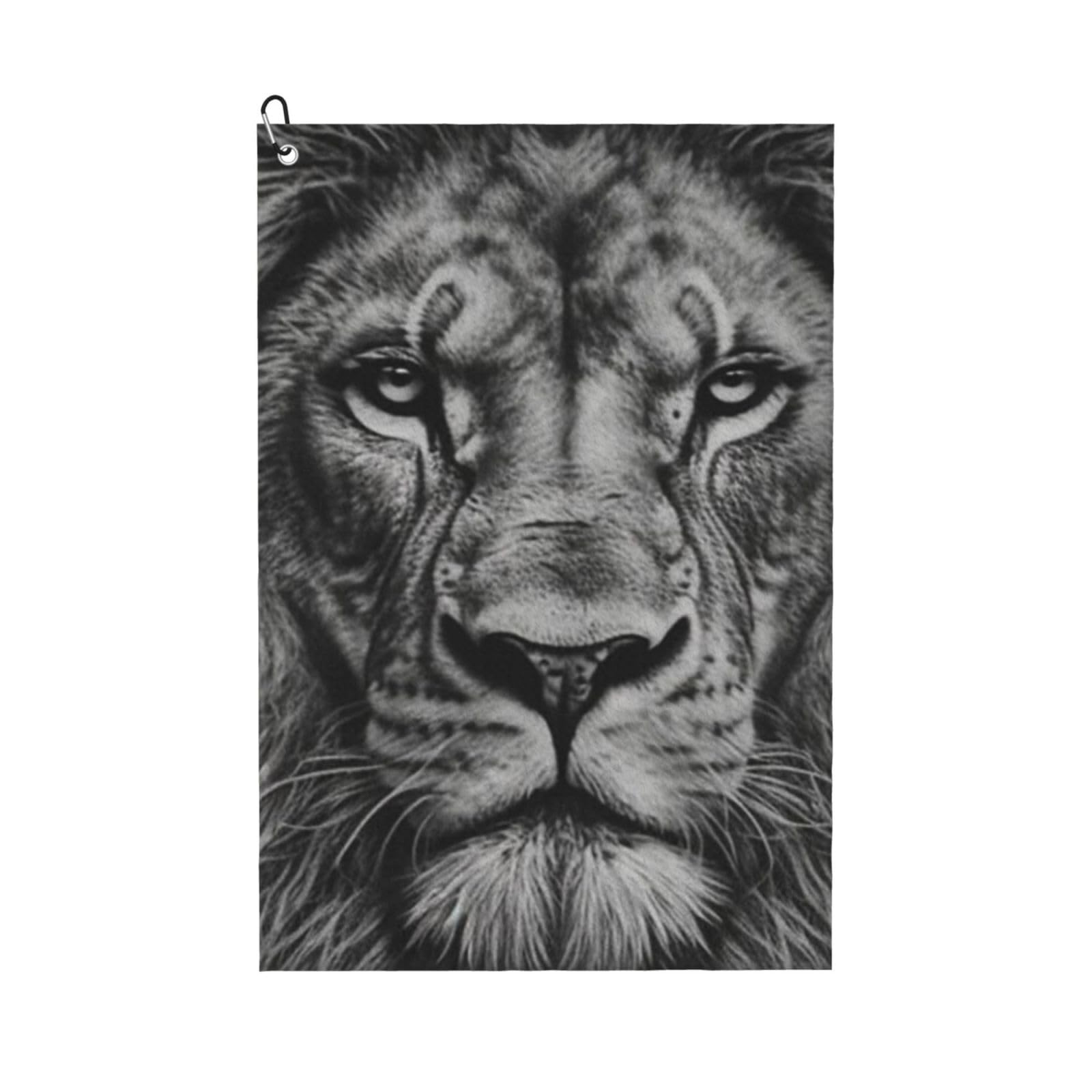 Hnnkloy Black And White Lion Head Print, 16x24 in Portable Waffle Golf Towels with Carabiner Clip for Golf Bag