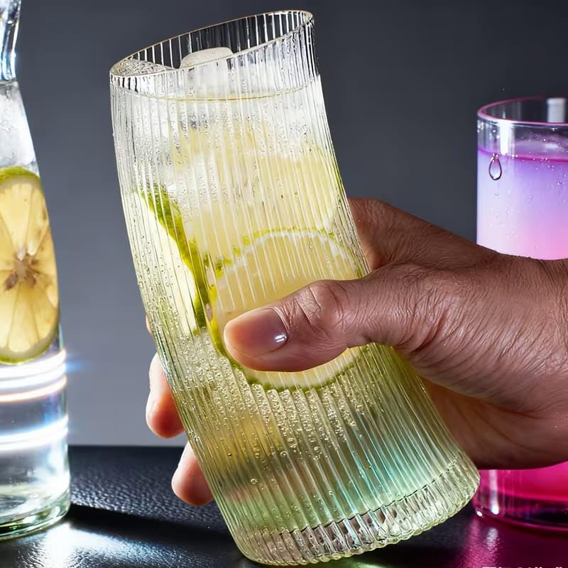 Image of PrimeWorld 520 ml Stripe Slanting Moon Shape Glass | Creative Cocktail, Juice & Milk Drinking Glass | Unique Designer Glass Tumbler for Parties, Home & Cafe