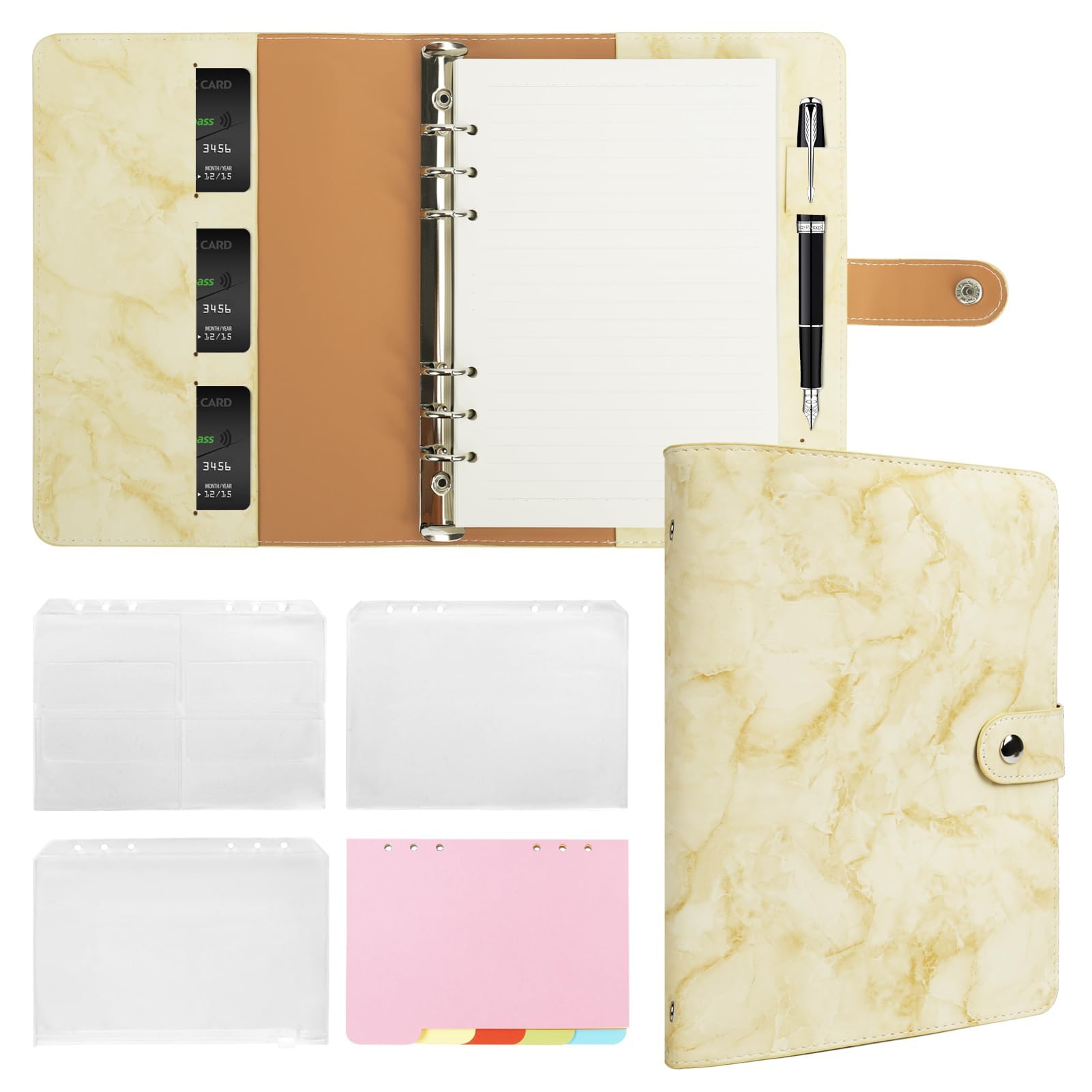 FYY A5 Binder Refillable Planner Notebook 6 Ring PU Leather Binder Journal with Pockets, Dividers, Refill Paper Marble Yellow