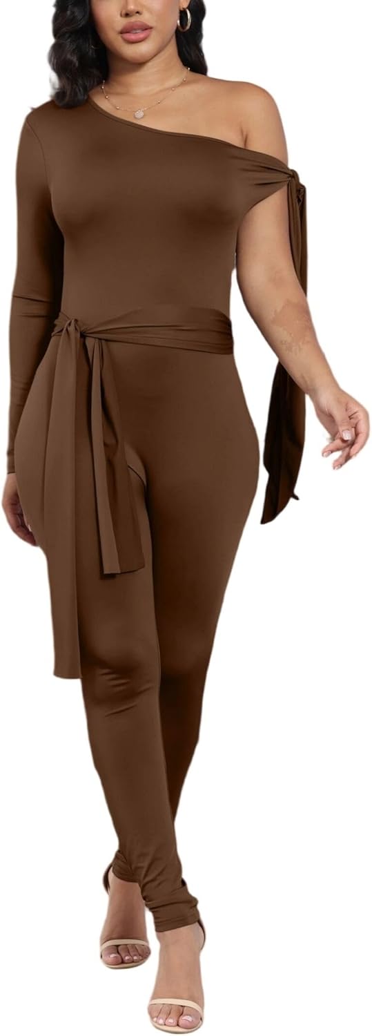 ECHOINE Sexy One Off Shoulder Jumpsuits For Women Long Sleeve Bodycon Rompers One Piece Outfits - Image 2