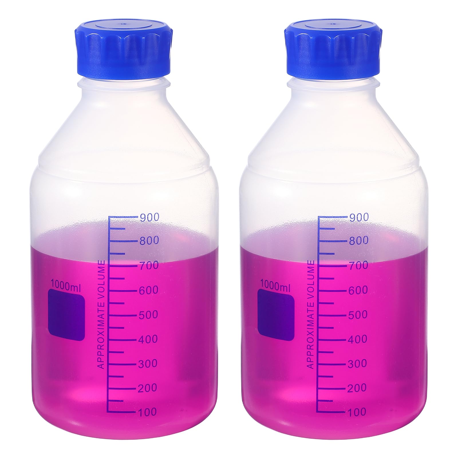 PATIKIL 1000ml Bottiglie Da Laboratorio In PP Rinforzato Con Gradazione, 2 Pezzi Bottiglie Di Plastica Con Tappo A Vite Blu Per Liquidi Reagenti Acqua Da Laboratorio, Trasparente (Rotonda)
