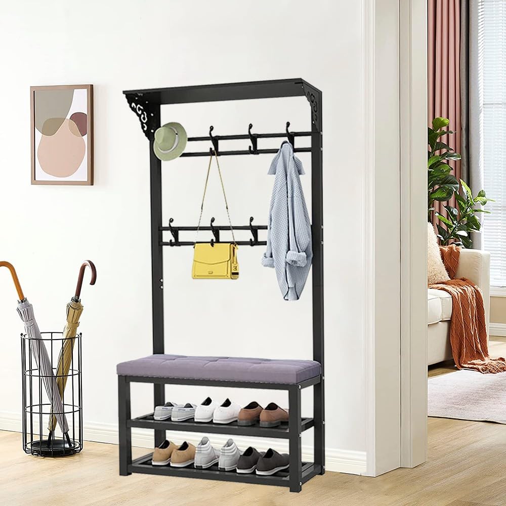 MYUYEE Industrial Coat Rack With Bench, Free Standing Coat Stand With 8 Hooks And Shelves Hall Tree With Shoe Racks, For Entryway Hallway Living Room Bedroom 80/100X30X172Cm(B-100Cm)