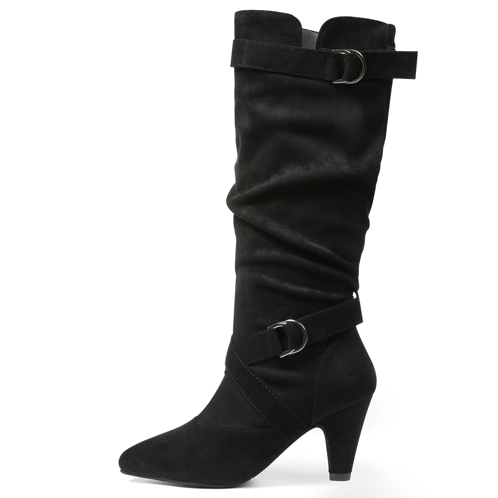 Tscoyuki Women's Knee High Suede Slouch Boots Pull On Comfortable Chunky Block Heel Pointed Toe Fall Weather Winter Boots