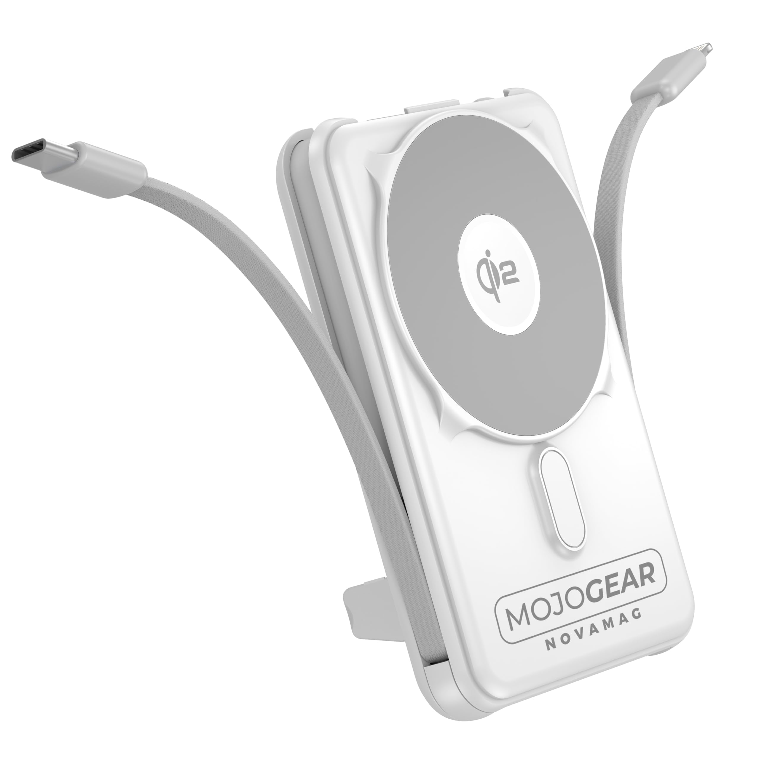 MOJOGEAR NovaMag Batterie externe tout-en-1 10 000 mAh – Charge sans fil Qi2 super rapide – Avec câble USB-C et Lightning – Compatible avec iPhone et Samsung – Batterie externe Mag Safe – Affichage