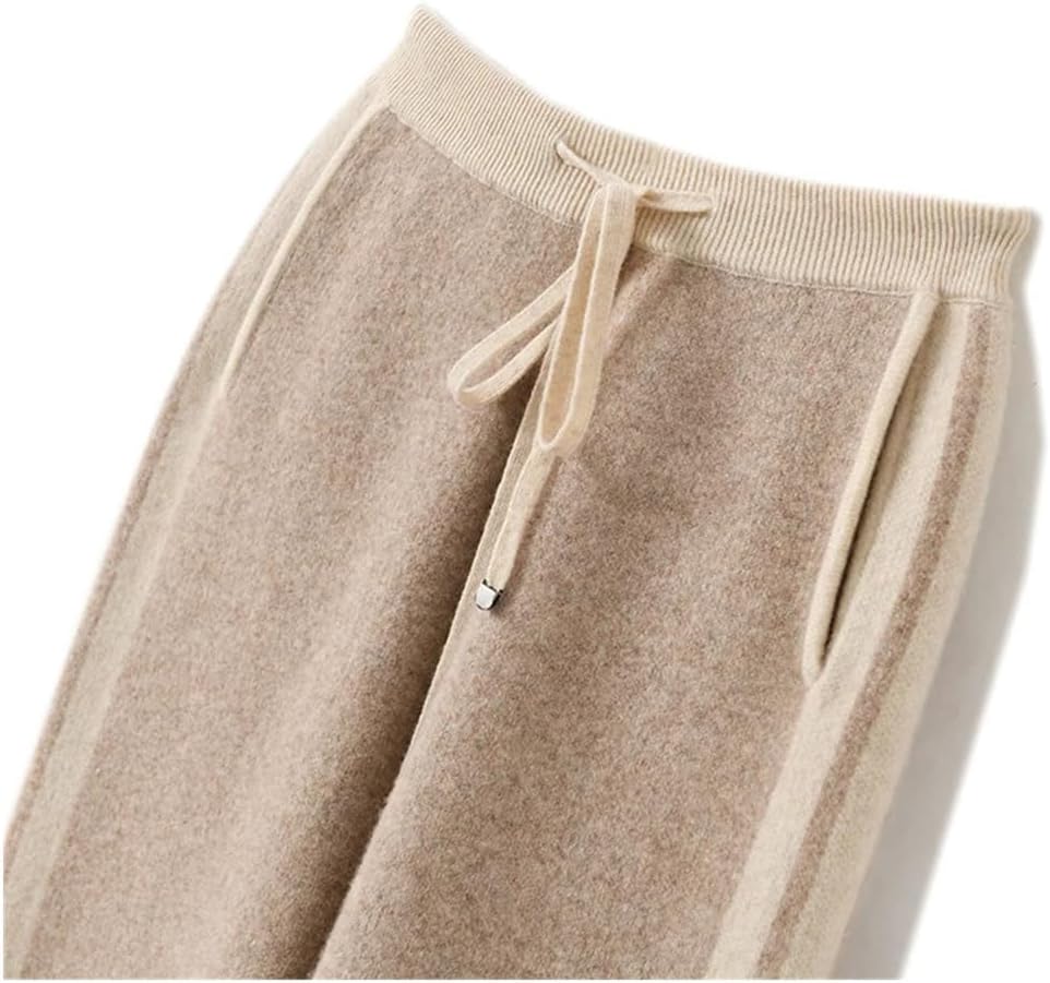 Women's Merino Wool Winter Pants - Elastic Mid-Waist Knit Pencil Trousers, Full-Length Warm Baggy Pants