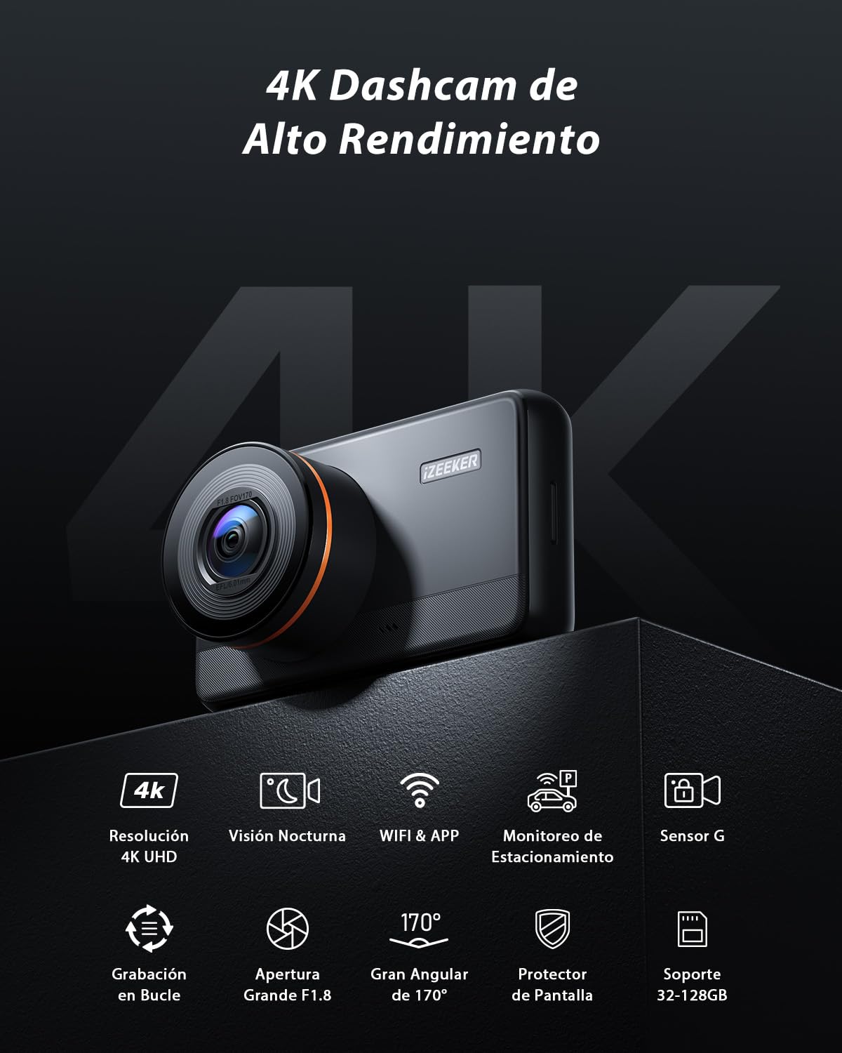iZEEKER Dashcam 4K, WiFi Cámara de Salpicadero 2160P para Coches, Dash CAM Coche con App, Visión Nocturna, WDR, Grabación en Bucle, Monitor de Aparcamiento, Sensor G, Tarjeta MicroSD de 32 GB