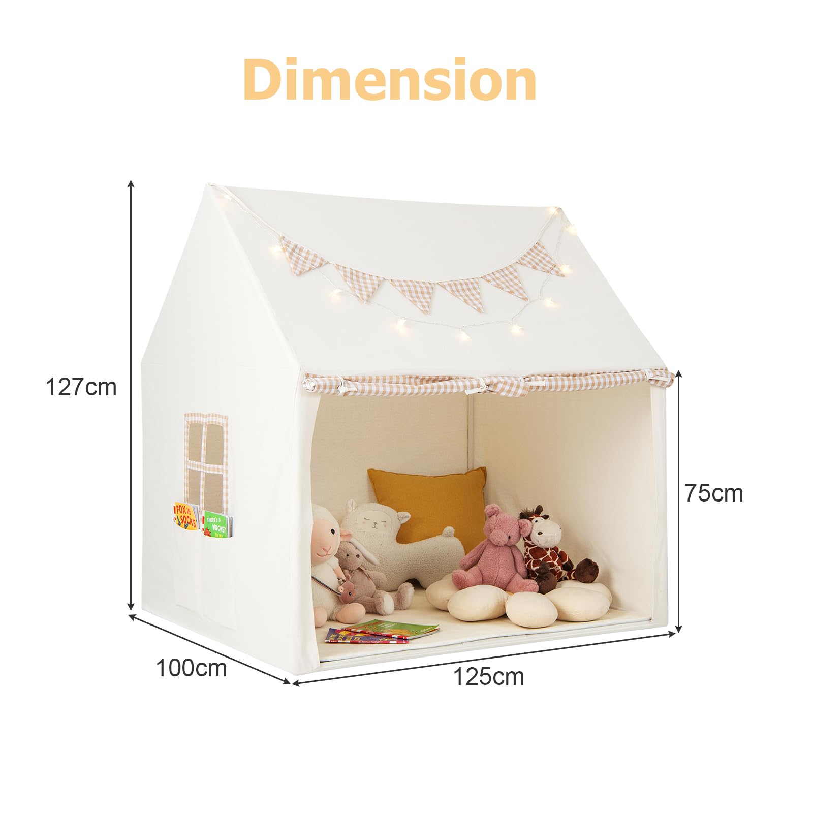 HOMASIS Kinderzelt für Drinnen, Spielhaus mit Lichtern & Matte & Fenstern & Vorhang & Flaggen & Taschen, Spielzelt Prinzessin Zelt Baumwolle für Jungen & Mädchen, Tipi Zelt Kinderhaus Kinderzimmer