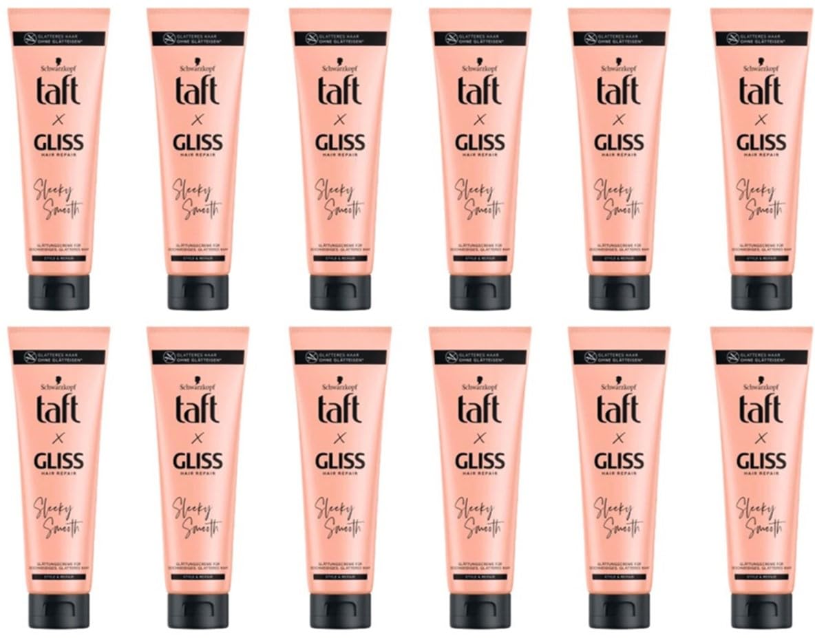 12x Schwarzkopf Taft x Gliss Glättungscreme Sleeky Smooth Styling Creme für glattes Haar ohne Glätteisen, mit zusätzlichem Föhn- und Anti-Frizz-Schutz,150ml (12er Pack)