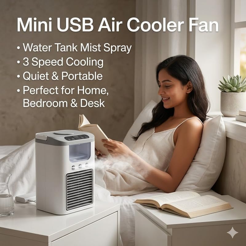 Image of (10 Years Assured Warranty) USB Powered Mini Air Cooler Fan with Water Tank Portable AC Mist Spray 3 Speed Adjustable Cooling for Bedroom Office Desk Use