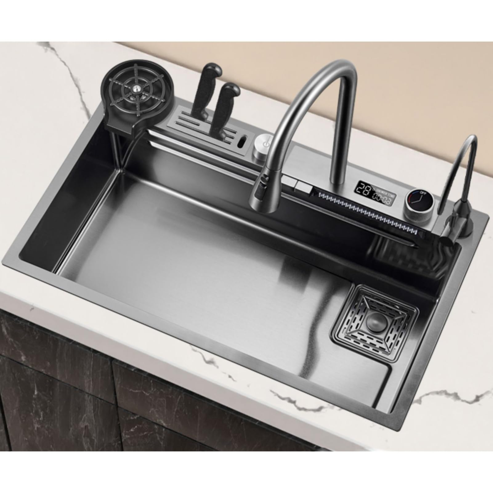 ZQFHSX Kitchen Sink Black Grey Stainless Steel Waterfall with Pull Down Sprayhead Faucet Single Bowl Workstation Multiple Accessories (Size : 80x46cm)