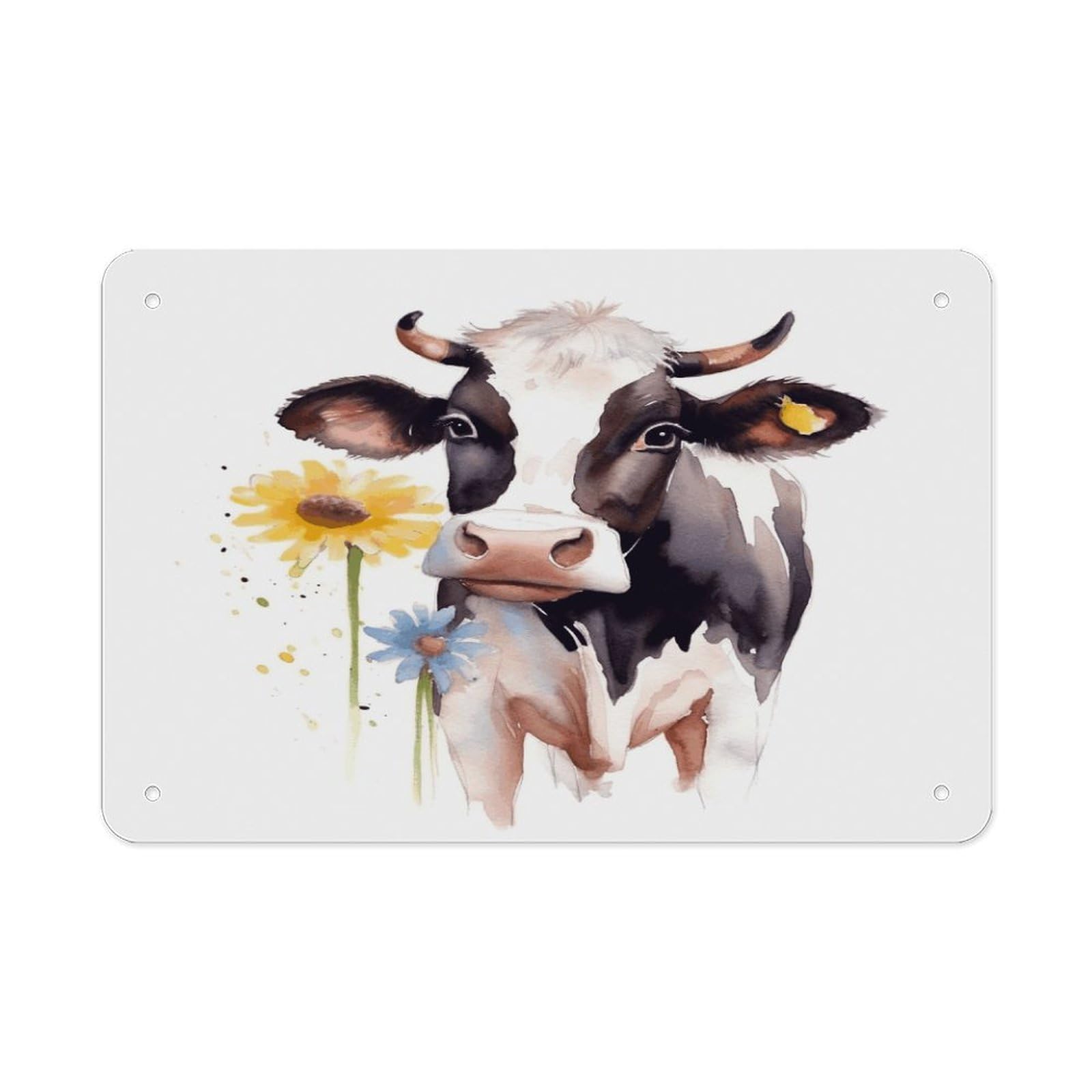 Watercolor Cow And Daisy Flower Metal Tin Sign 12"x8" Wall Art Prints Poster Decorative Picture Metal Signboard Decor Painting Folded Edge Iron Sheet Painting with Holes for Wall Decor